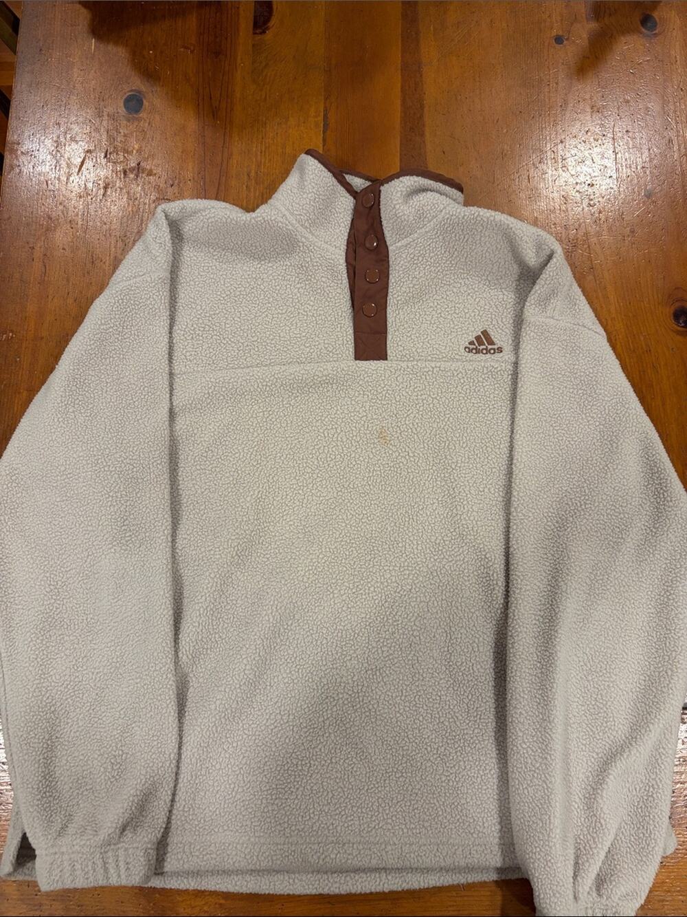 adidas Men's Cream Sherpa Fleece Pullover with Brown Trim and Snap Placket